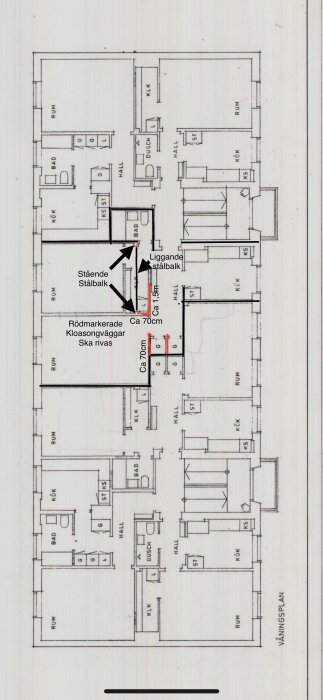 Gammal lägenhetsritning från ca 1925 med markerade väggar planerade för rivning; redovisning av stående och liggande stålbalkar.