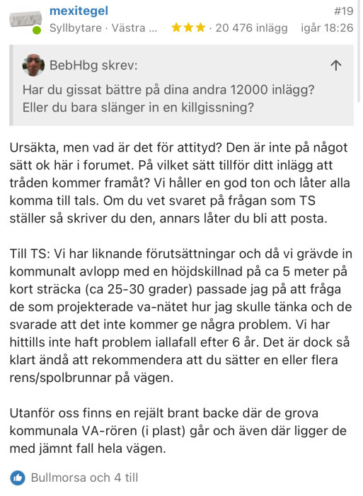 Inlägg i diskussionsforum där användare mexitegel svarar kritiskt på ett annat inlägg, diskuterar kommunalt avlopp och rekommenderar spolbrunnar.