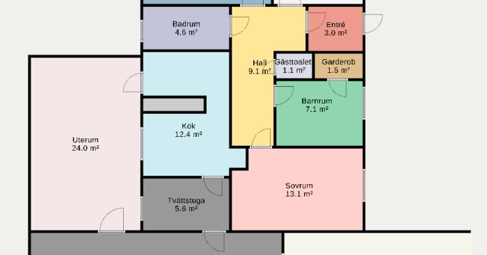 Planritning av ett hus med rum som badrum, kök, hall, sovrum, barnrum, gästtoalett, tvättstuga och uterum markerade med kvadratmeterangivelser.