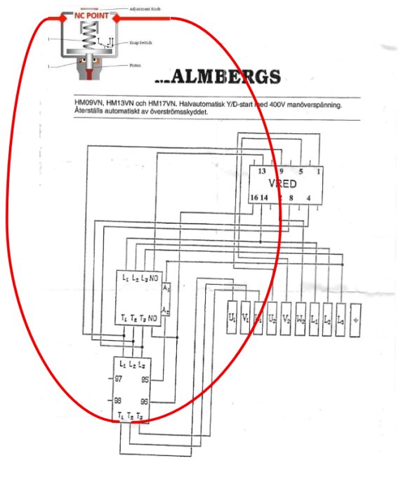 Elkopplingsschema för en halvautomatisk YD-start till en kompressor, visar kopplingsdetaljer och komponenter inklusive tryckvaktsinställning.