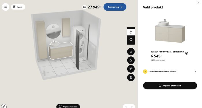 3D-vy av ett badrum med Ikeas badrumskommod, en rund spegel, och en tvättmaskin, tillsammans med ett bildval för en produkt överlagrad.
