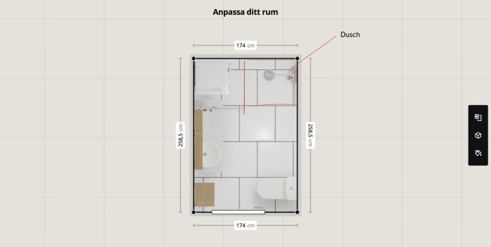 Planritning av ett badrum med måtten 258,5 cm x 174 cm, visar placering av dusch, handfat, och toalett.