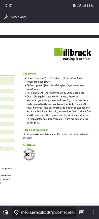 Informationsblad från Illbruck med text om fäste och kompatibilitet av fogmassor samt hälsa- och säkerhetsinformation.