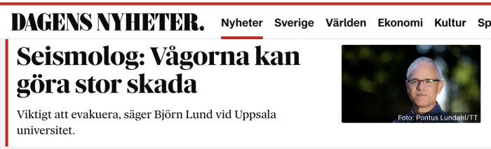 Artikelrubrik om seismolog och risk för tsunamivågor, med uppmaning att evakuera, publicerad i Dagens Nyheter med bilder på Björn Lund.