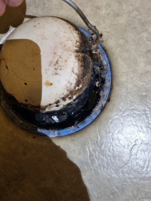 Smutsig golvbrunn med hår och skräp runt locket.