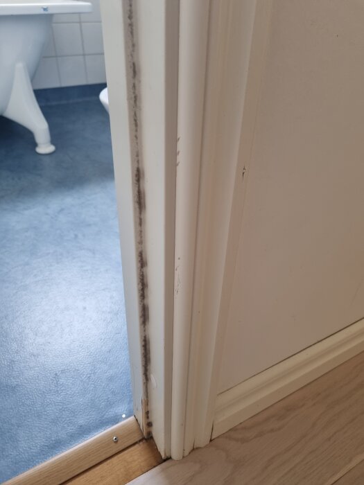 Dörrkarm med synliga svarta märken och smuts i ett badrum.