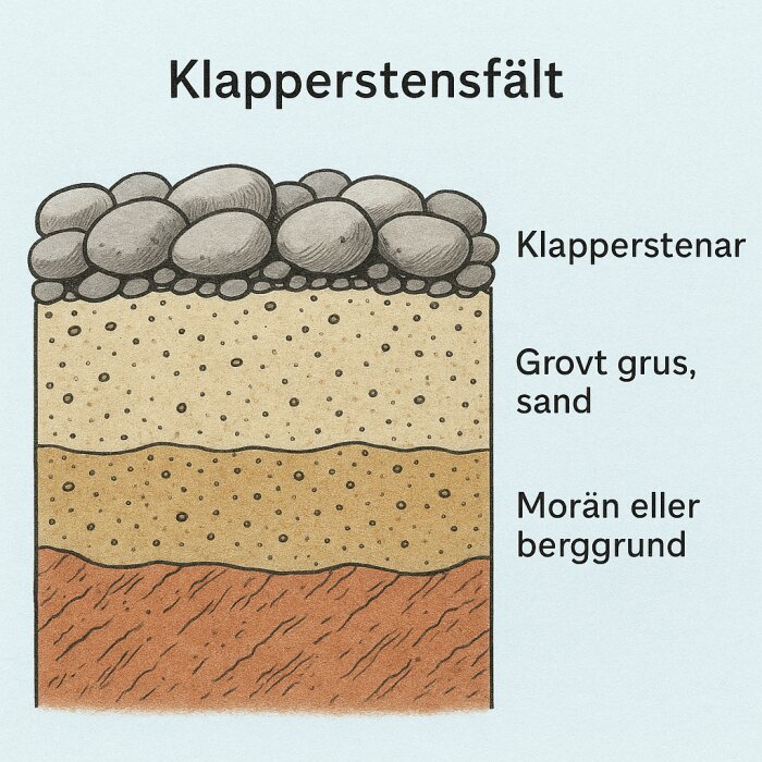 Illustration av klapperstensfält med lager av klapperstenar, grovt grus och sand, över morän eller berggrund.