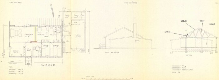 Planritning av ett Hultfredshus från 1968 med detaljer om inner- och ytterväggar, takstolar samt markerade områden för diskussion om bärande väggar.