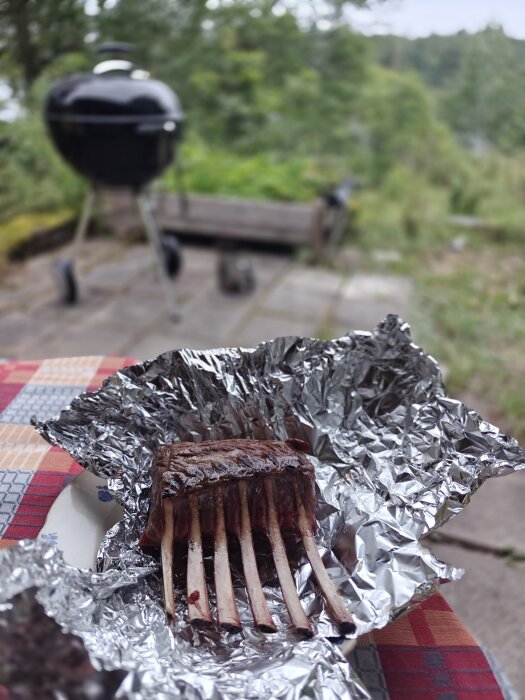 Lammracks inlindade i aluminiumfolie ligger på ett fat, med en grill i bakgrunden.