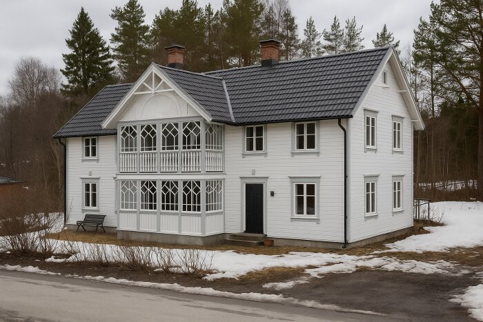Ett vitt hus med glasveranda både uppe och nere, beläget i en snöig landskap. Huset planeras byggas ut med inglasning och hall.