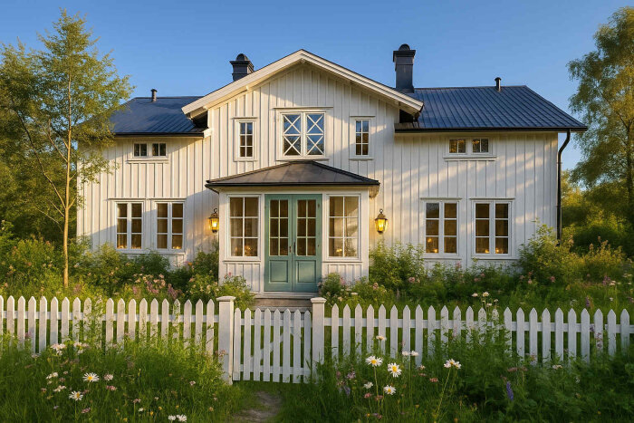 Vitt trähus med centralt placerad dörr, omgärdat av en vit staket och blommande trädgård. Solnedgångens ljus belyser fasaden.