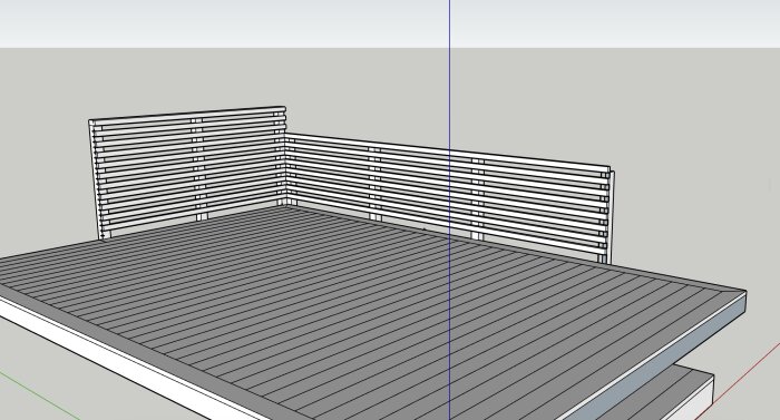 Rendering av fristående altan med ribbstaket i trä, visa konstruktionen av ribbor och stolpar, oljat och målat icke-impregnerat virke.