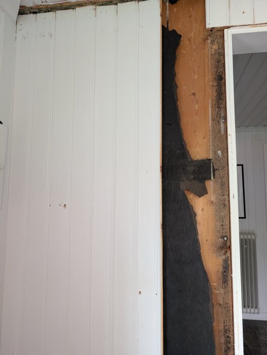 Vägg i hall med exponerad träpanel och ett svart material synligt bakom panelen. Huset är ett trähus byggt 1934, hallen byggd senare.