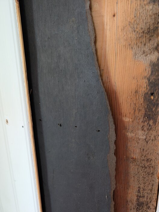 Svart papp och trävägg i hall på gammalt trähus. Möjligen källa till sur lukt, byggd mot originalhuset. Pappen verkar kantstött.