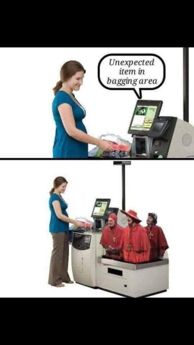 Kvinna vid självbetjäningskassa, text “Unexpected item in bagging area.” I nästa ruta visas tre figurer i röda dräkter som orsakar meddelandet.