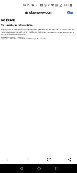Skärmbild av en mobil enhet med ett felmeddelande "403 ERROR" från CloudFront, där åtkomst till en webbplats har blockerats.