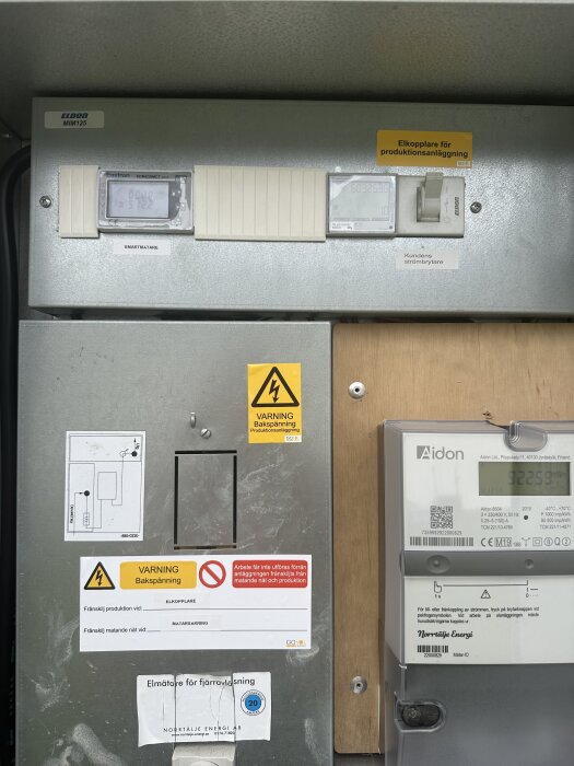Elektrisk mätare placerad uppe till vänster på en panel med varningsdekaler och annan utrustning.