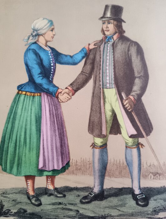 Kostymerad man och kvinna håller varandra i handen, klädda i traditionella dräkter, illustration ur Allhems landskapsböcker.