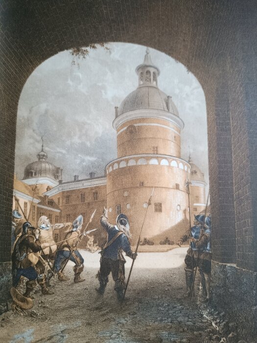 Historisk illustration av soldater i rustning med spjut framför ett gammalt stentorn, sett genom en valvgång.