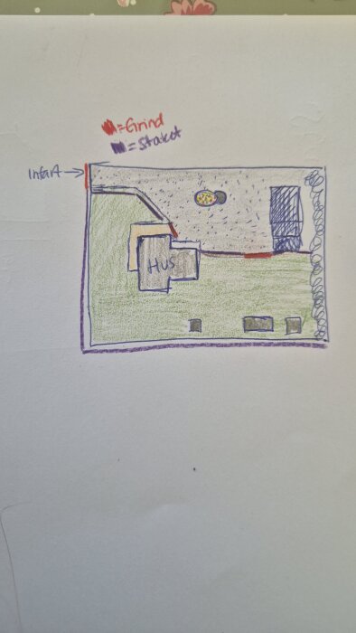 Handritad karta över trädgård med hus i mitten, lila linje markerar föreslagen sträcka för trästaket, röd markering visar grind vid infart.