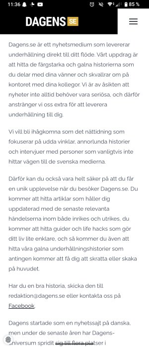 Skärmbild av en artikel från Dagens.se som beskriver sajten som ett underhållningsmedium med fokus på udda vinklar och historier.