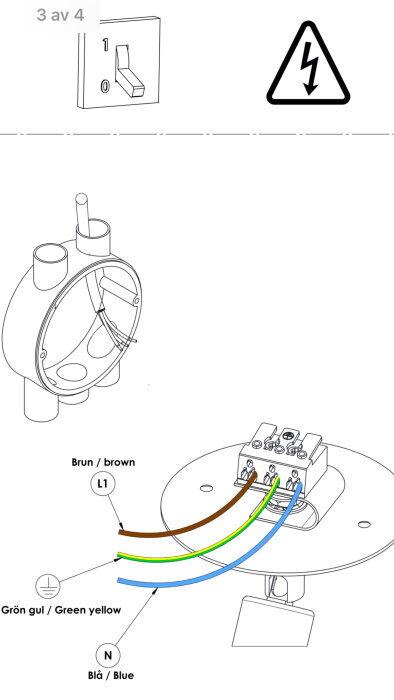 Ritning för koppling av lampa, visar anslutningar för bruna, blåa och gröna/gula kablar i en elektrisk dosa, med säkerhetsvarning.