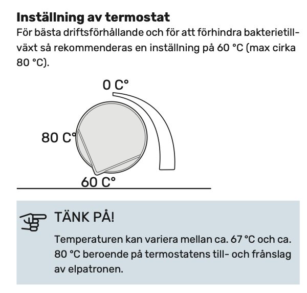 Termostatinställning för bästa driftsförhållande: inställning rekommenderas vid 60 °C för att förhindra bakterietillväxt. Temperaturvariationer anges.