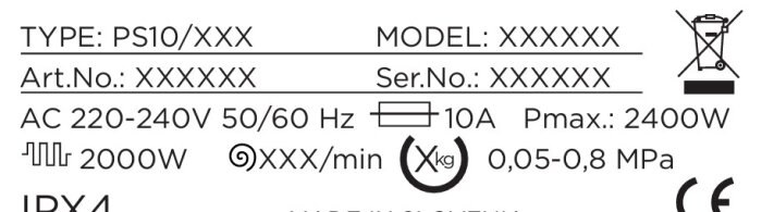 Märkplåt från tvättmaskinens manual med tekniska specifikationer som modellnummer, effekt 2000W, 10A och max effekt 2400W.