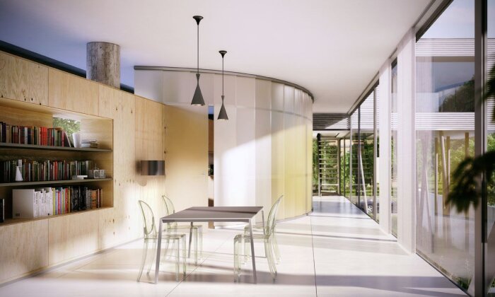 Modernt vardagsrum med bokhylla, glasstolar och bord, stora fönster och minimalistisk design av Office arkitekter.