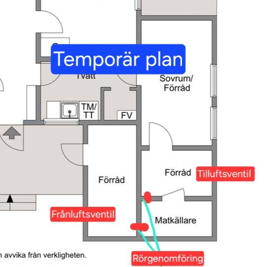 Planlösning av ett hus med markerade områden för tillufts- och frånluftsventiler samt rörgenomföring för att förbättra luftflödet i förrådsområdet.