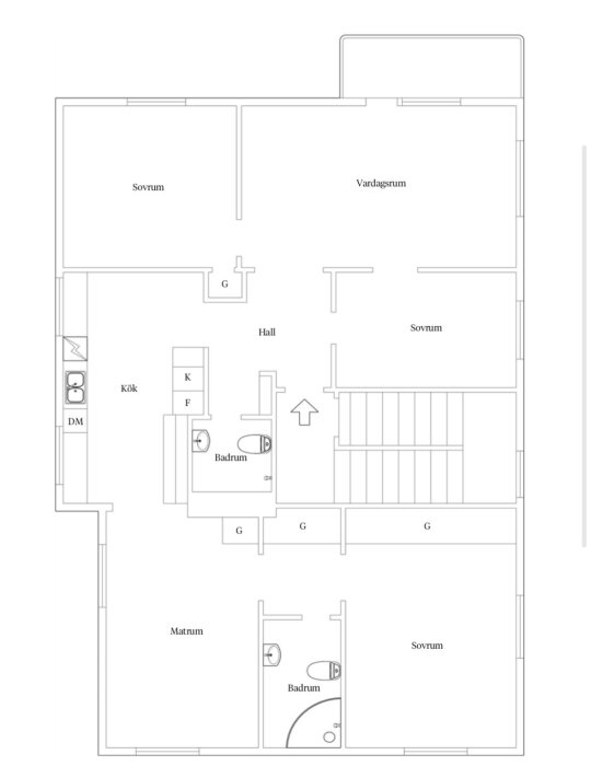 Planlösning på ett hus från 1937 med kök, vardagsrum, sovrum, matrum, hall, och två badrum, samt markerade väggar att förändra.