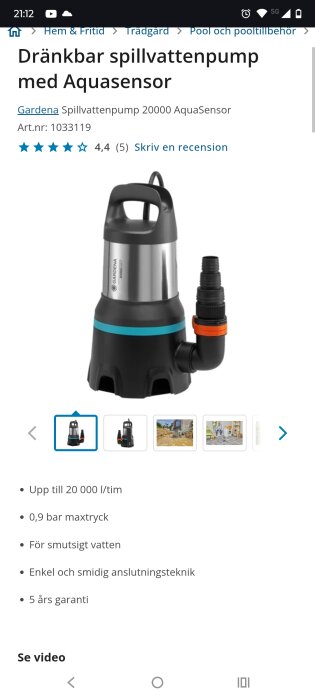 Dränkbar spillvattenpump Gardena 20000 AquaSensor för smutsigt vatten, max 20,000 l/tim, med enkel anslutningsteknik, 5 års garanti.