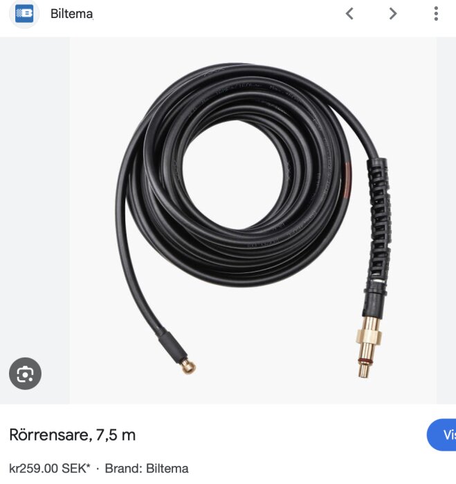 Rör-rensarslang 7,5 m från Biltema med kopplingar, används för att rensa rör med spolning bakåt.