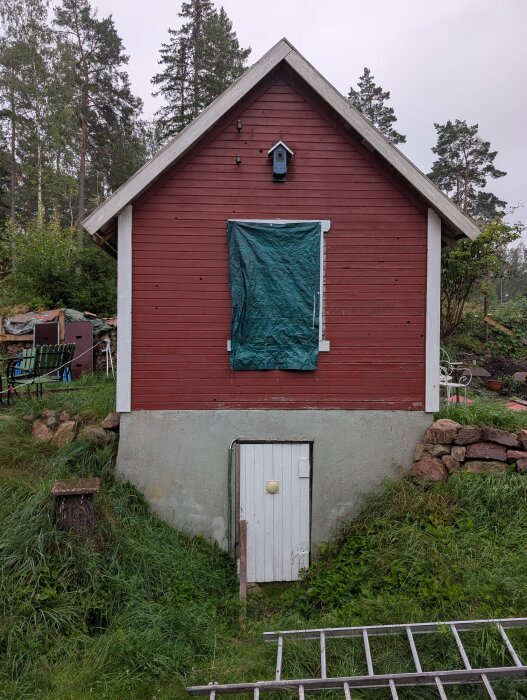 Röd friggebod med grönt presenningstäckt fönster och dörr till jordkällare. Omgiven av gräs och träd. Stenläggning syns till höger.