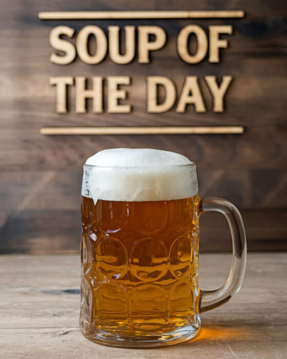 En stor ölsejdel med skum står på ett bord, framför en skylt med texten "Soup of the Day", vilket skapar en humoristisk kommentar.