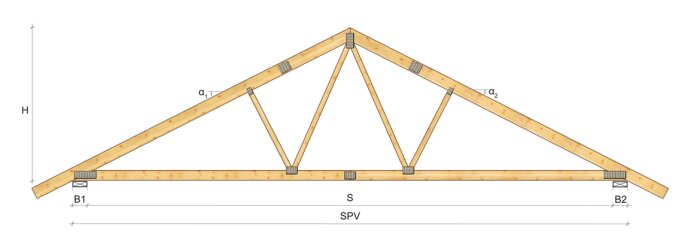 Ritning av takstol i trä med dimensioner och stöd, visar vinklar och stödpunkter.