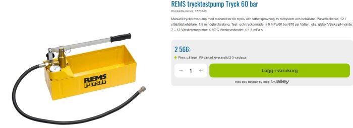 Gul REMS trycktestpump med manometer för tryck och täthetsprovning av rörsystem.