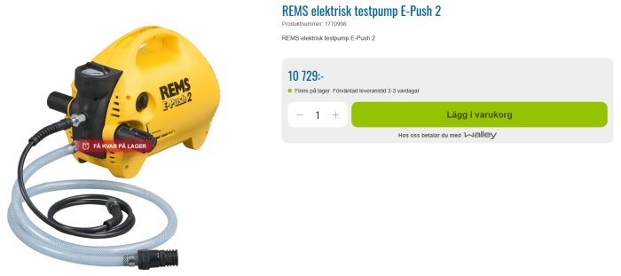 Gul REMS E-Push 2 elektrisk testpump med rörledningar, pris 10 729 kr, få kvar i lager enligt produktbild.