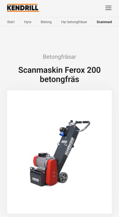 Betongfräs Scanmaskin Ferox 200 med röd motor och två hjul, visas på en vit bakgrund från Kendrills webbplats.