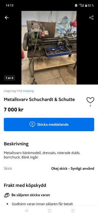 Metallsvarv Schuchardt & Schutte med tillbehör och bänkskiva i garage, omgiven av verktyg och diverse material.