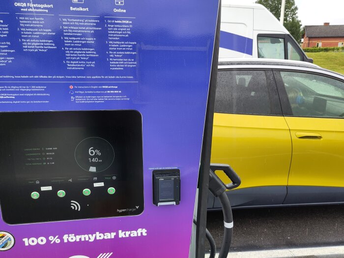 Laddstation med indikator som visar 6% laddning av en gul elbil parkerad vid stationen. Text om 100% förnybar kraft syns på stationen.