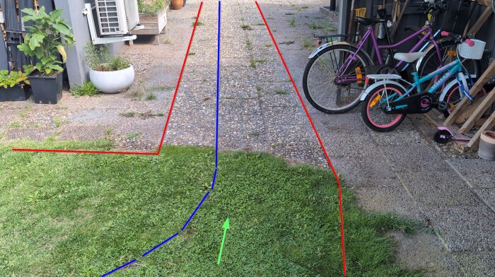 Bild på en trädgård med gräsmatta och stenläggning. Röd och blå kabel markerar klipparens väg. Två cyklar står vid sidan.
