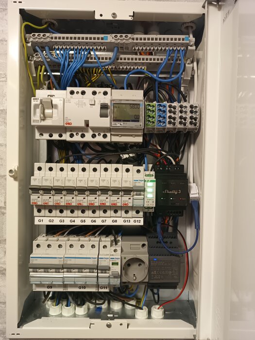 Elcentral med säkringar och anslutna kablar, resultat av ett renoveringsprojekt med användning av vaselin och järnspett.