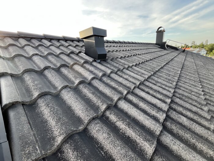 Tak med Benders Palema Candor pannor söderläge, tillverkat 2010, med slitage och problem såsom hål och nedgångna ytor.