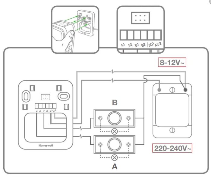 Kopplingsschema för modern dörrknapp med belysning, med anslutning till transformator och kablar för 8-12V och 220-240V elnät.