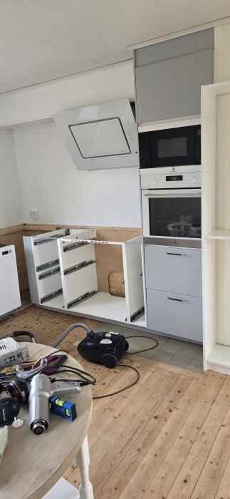 Omonterade köksskåp och vit stänkskyddsskiva i kök under renovering med verktyg synliga på ett bord.