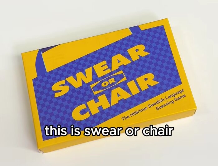A yellow and blue box for the game "Swear or Chair," described as a hilarious Swedish-language guessing game.