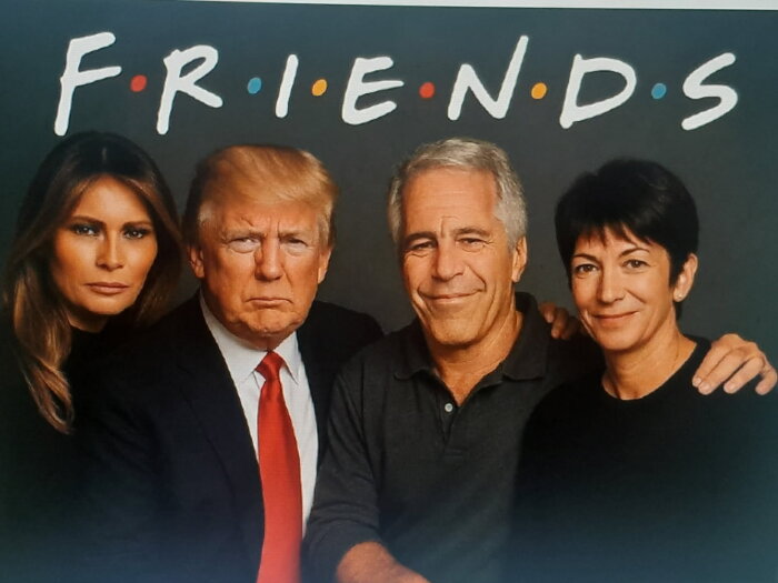 En parodi på "Friends" visar fyra personer poserande tillsammans mot en mörk bakgrund med texten "FRIENDS" ovanför dem.