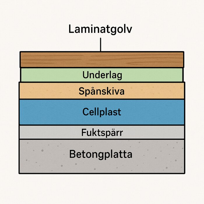 Illustration av golvuppbyggnad med lager: laminatgolv, underlag, spånskiva, cellplast, fuktspärr, betongplatta.