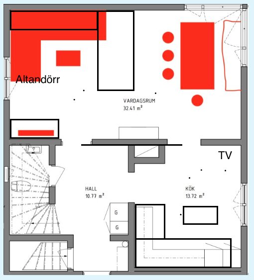 Planlösning visar ett stort vardagsrum och ett L-format kök som en halvö, med stor matplats och ansluten hall på 10,77 m².
